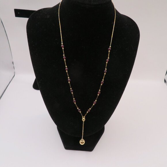 Beaded Necklace Garnet Color and Gold Tone Beads - Picture 1 of 7